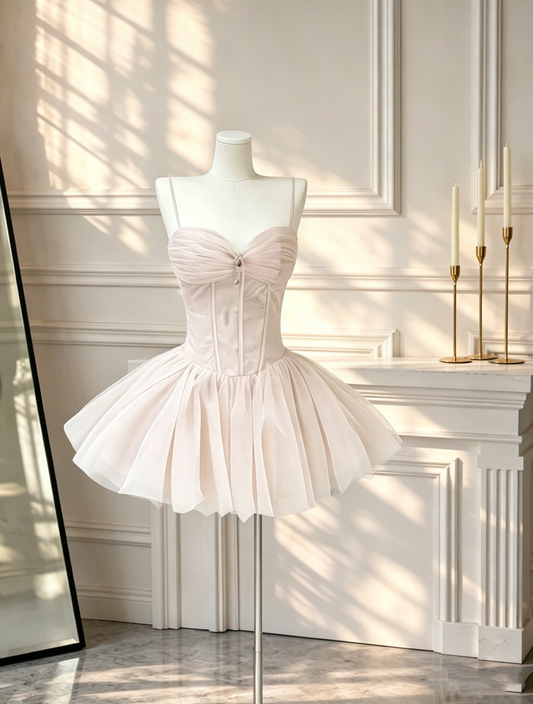 Elegant Spaghetti Straps Homecoming Dress Pink Tulle A Line Short Birthday Dress D2572