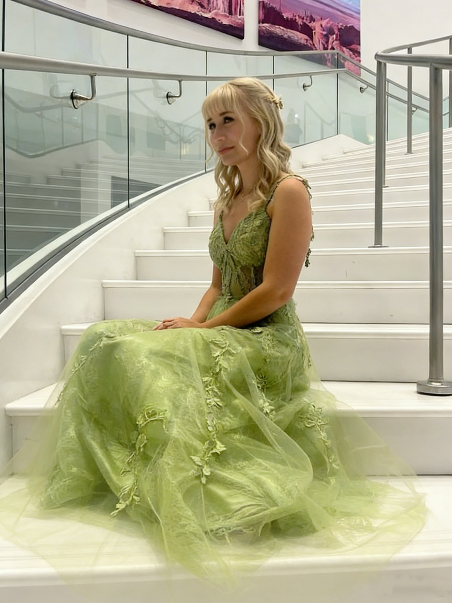 Classy Spaghetti Strap Green Tulle Appliques A Line Long Evening Dress Formal Birthday Evening Dress D1964