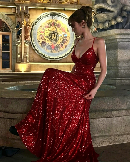 Charming Spaghetti Straps Purple V Neck Sequin Slit Mermaid Evening Dress Long Wedding Guest Dress D1886