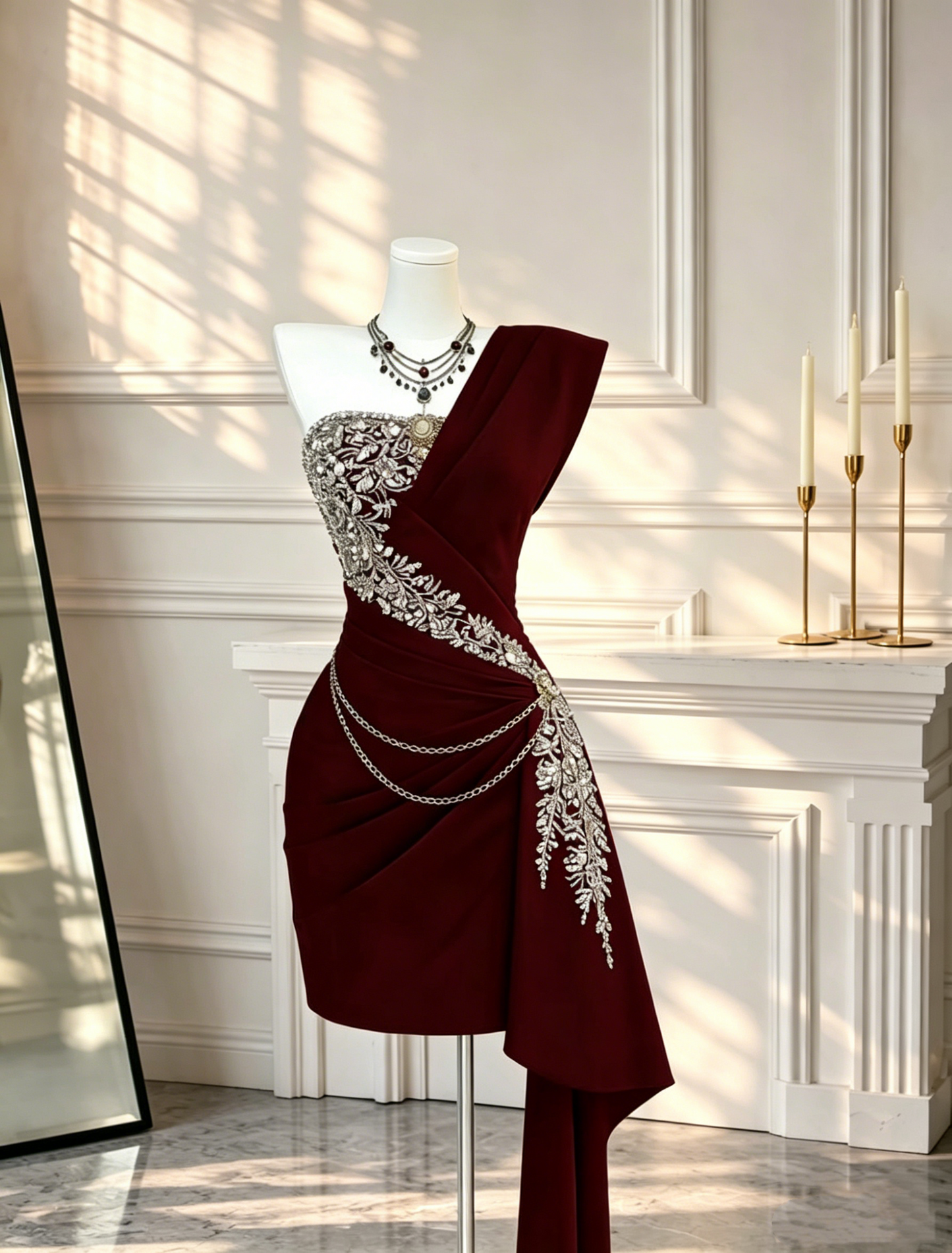 Unique One Shoulder Satin Beaded Sheath Cocktail Dress Burgundy Short Graduation Homecoming Dress D2682