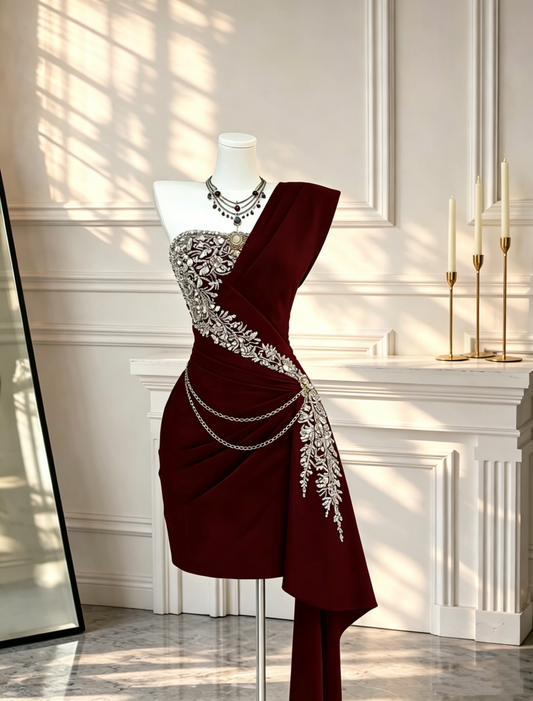 Unique One Shoulder Satin Beaded Sheath Cocktail Dress Burgundy Short Graduation Homecoming Dress D2682