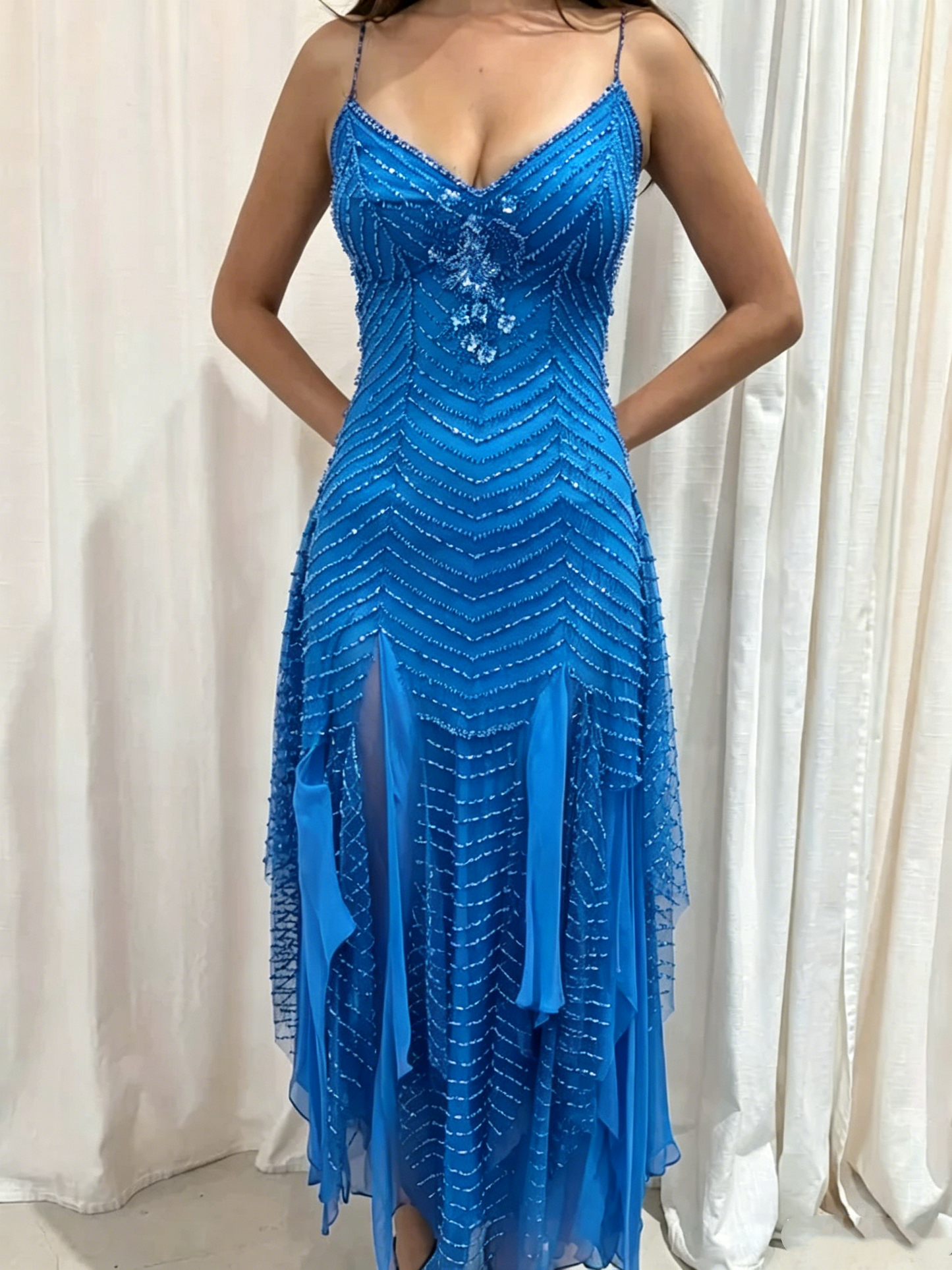 Gorgeous Spaghetti Straps V Neck Purple Chiffon Beaded Mermaid Long Party Dress Birthday Prom Gown D2872