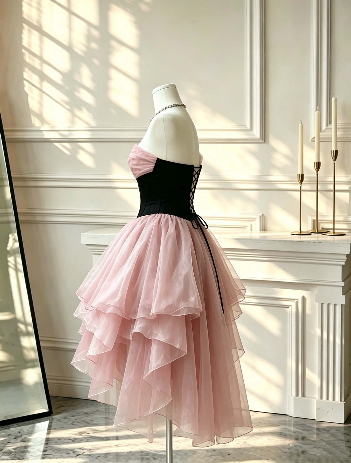 Beautiful Sweetheart Neck Tulle Hi-Low Mini Party Dress Pink 7th Grade Homecoming Dress D2684
