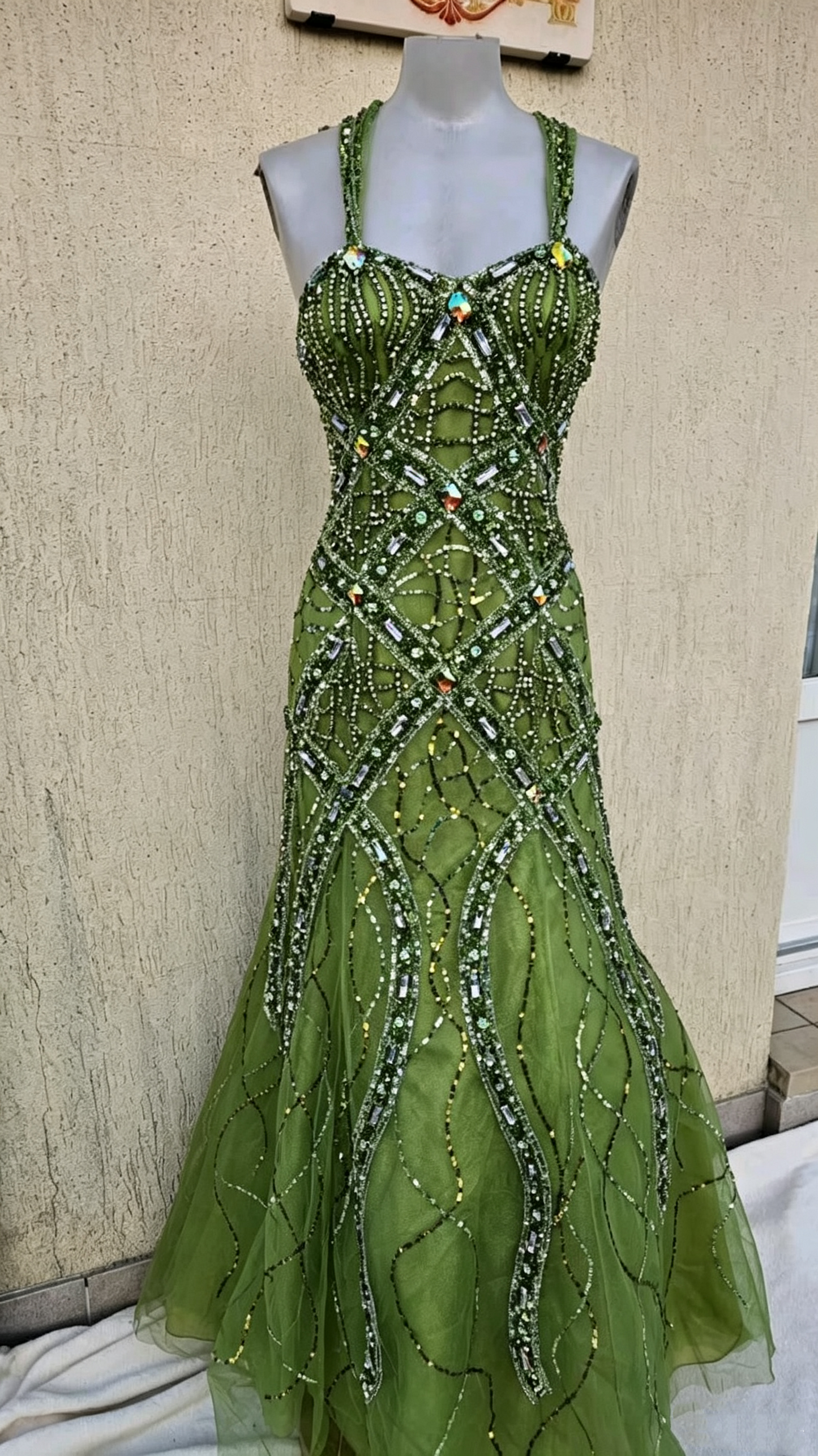 Gorgeous Green Spaghetti Straps Tulle Beaded Mermaid Long Party Dress Prom Dress D4314