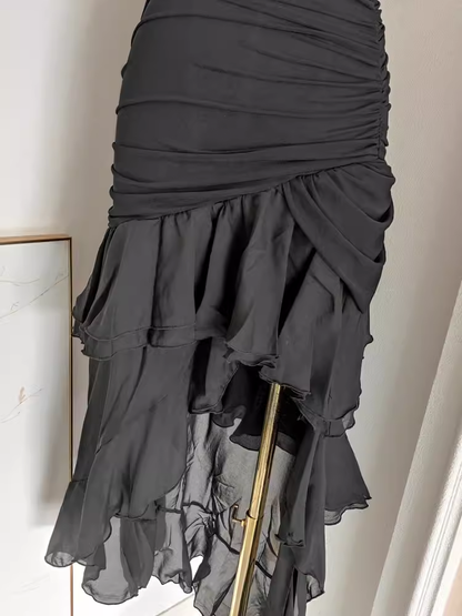 Sexy High Low Strapless Black Chiffon Ruffles Vacation Dress Women Dresses SD140