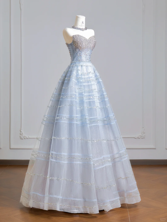 Fairy Blue Ball Gown Strapless Tulle Sequin Beaded Long Party Dress Birthday Evening Gowns D2505