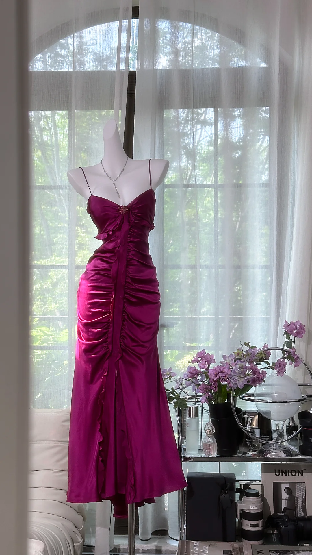 Vintage Spaghetti Straps Satin Pleated Hot Pink Long Party Dress Prom Gown D861