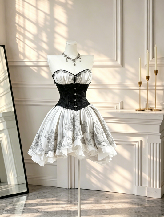 Retro Sweetheart Neck Cocktail Dress White Satin Floral A Line Short Homecoming Dress Birthday Dress D2571