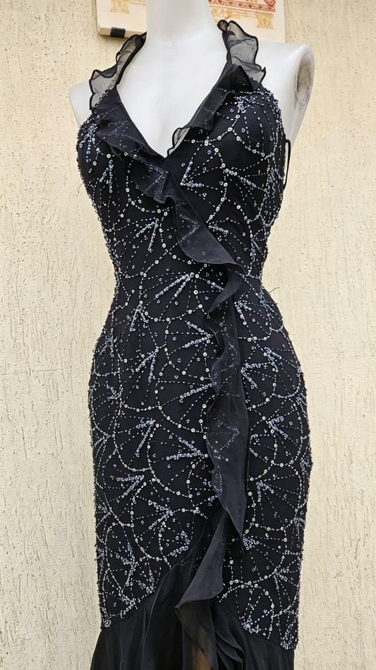 Classy Black Halter Sequin Beaded Chiffon Ruffle Long Prom Dress Evening Dress D4315