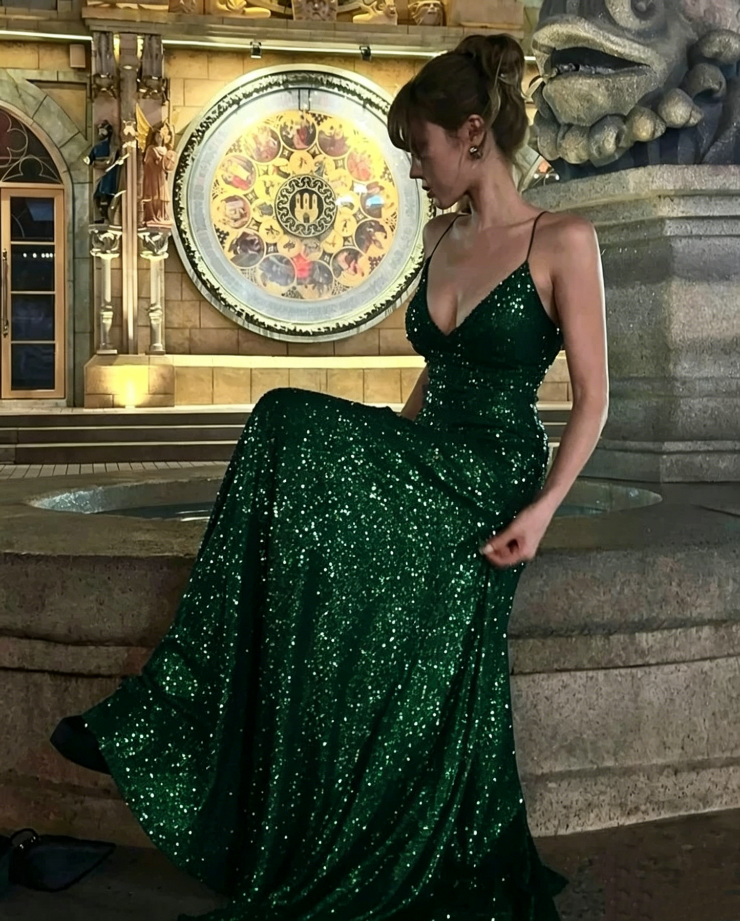 Charming Spaghetti Straps Purple V Neck Sequin Slit Mermaid Evening Dress Long Wedding Guest Dress D1886