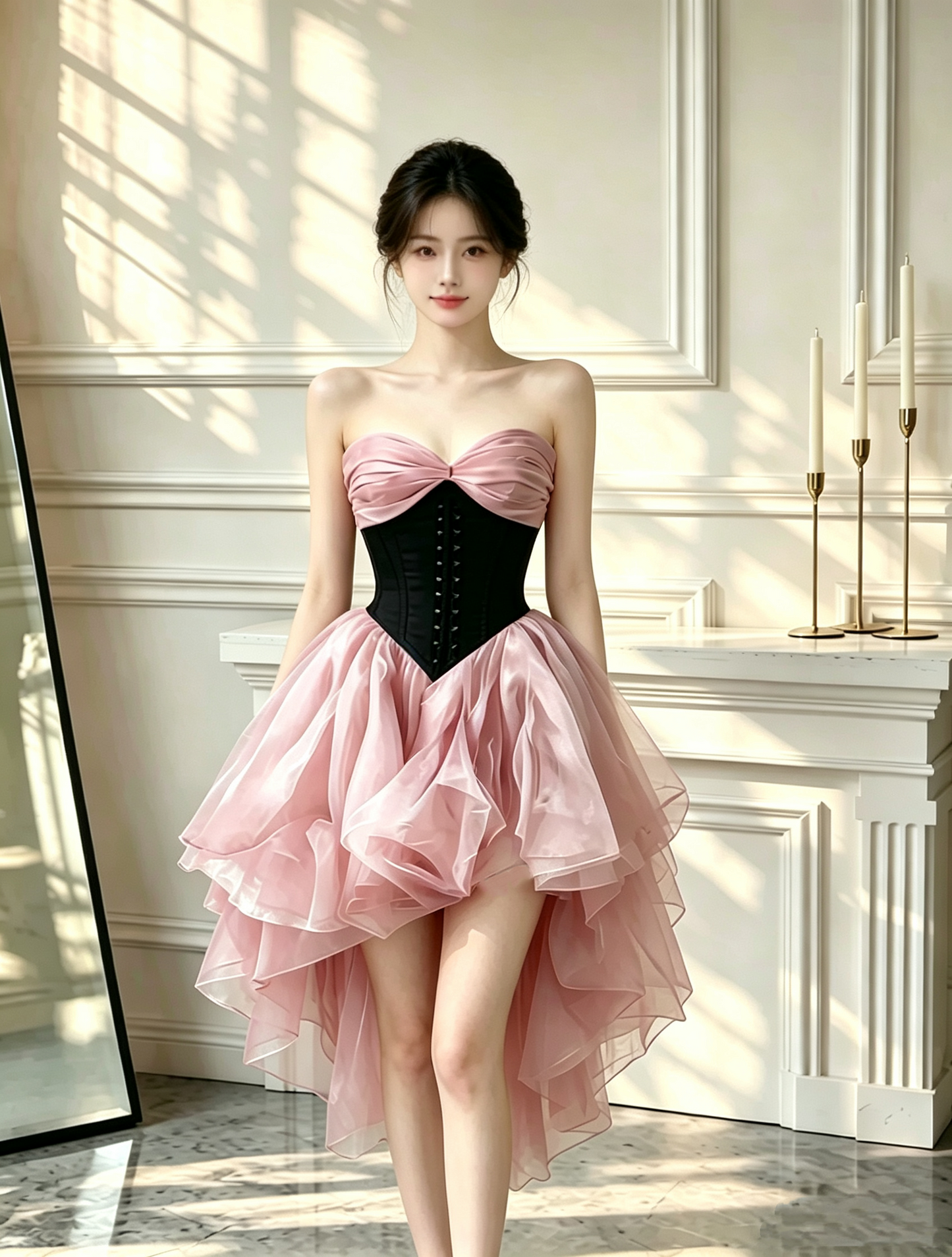 Beautiful Sweetheart Neck Tulle Hi-Low Mini Party Dress Pink 7th Grade Homecoming Dress D2684