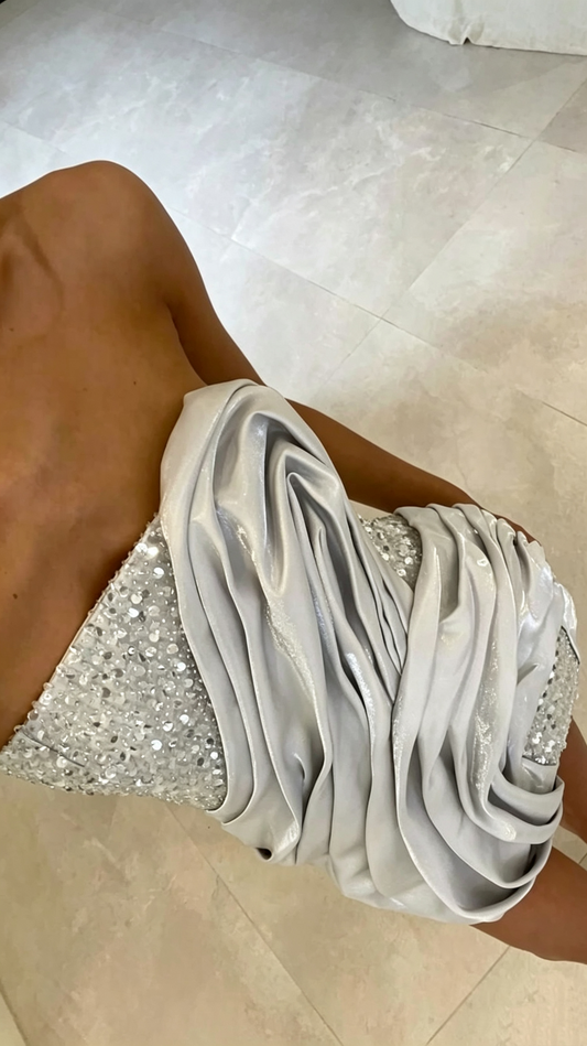 Fashion Silver Satin Sequin Sheath Short 7th Grade Homecoming Dress,Strapless Short Prom Dress D3335