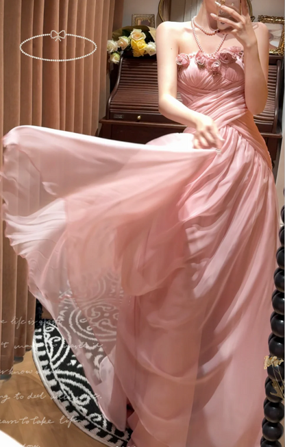 Pretty Flowers Strapless Pink Chiffon Mermaid Evening Dress Prom Gown Long Wedding Guest Dress D2052
