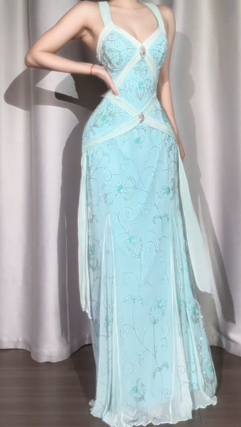 Classy Light Blue V Neck Chiffon Beaded Mermaid Long Party Dress Backless Evening Gown D1910