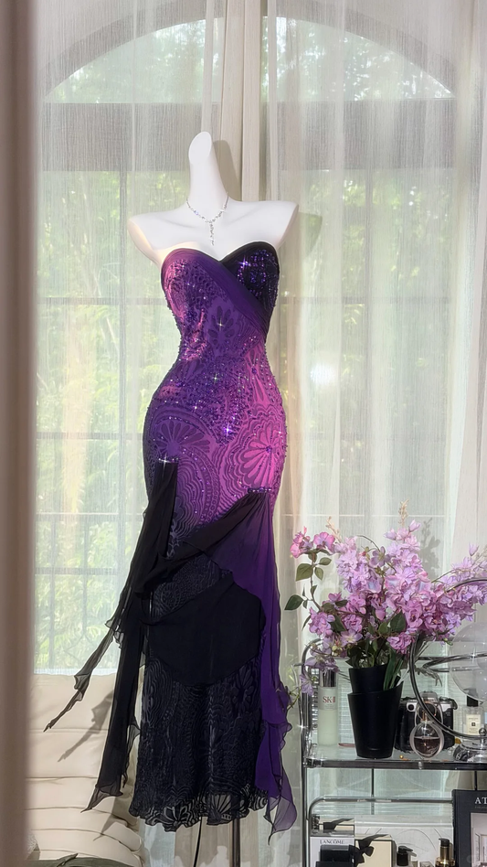 Unique Sweetheart Neck Purple Chiffon Floral  Beaded Mermaid Long Party Dress Evening Gowns D2524