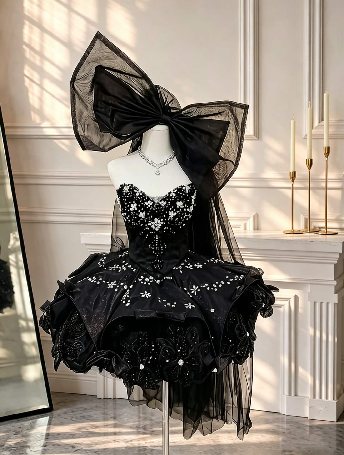 Gorgeous Sweetheart Neck Tulle Beaded A Line Short 18th Birthday Outfits Black Mini Homecoming Dress With Bow D2681