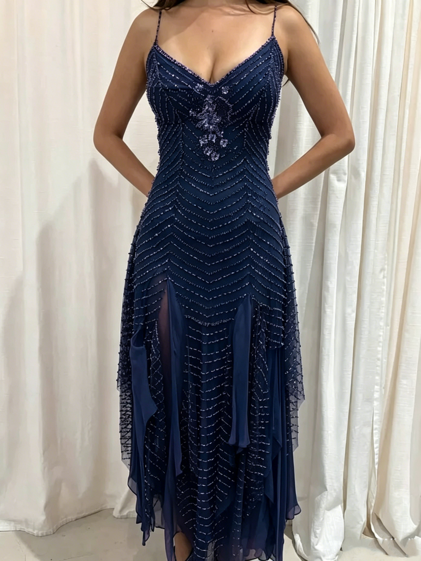 Gorgeous Spaghetti Straps V Neck Purple Chiffon Beaded Mermaid Long Party Dress Birthday Prom Gown D2872