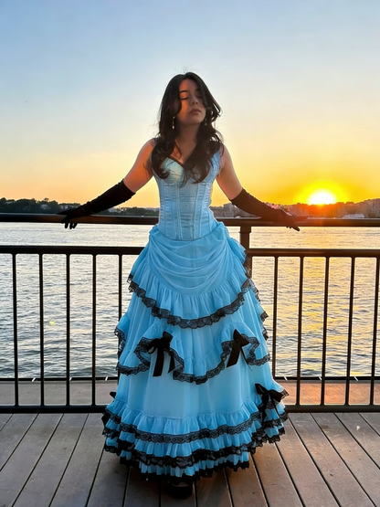 Vintage Pink Strapless Chiffon Pleated Layered Lace Ball Gown Formal Prom Dress With Gloves D1139