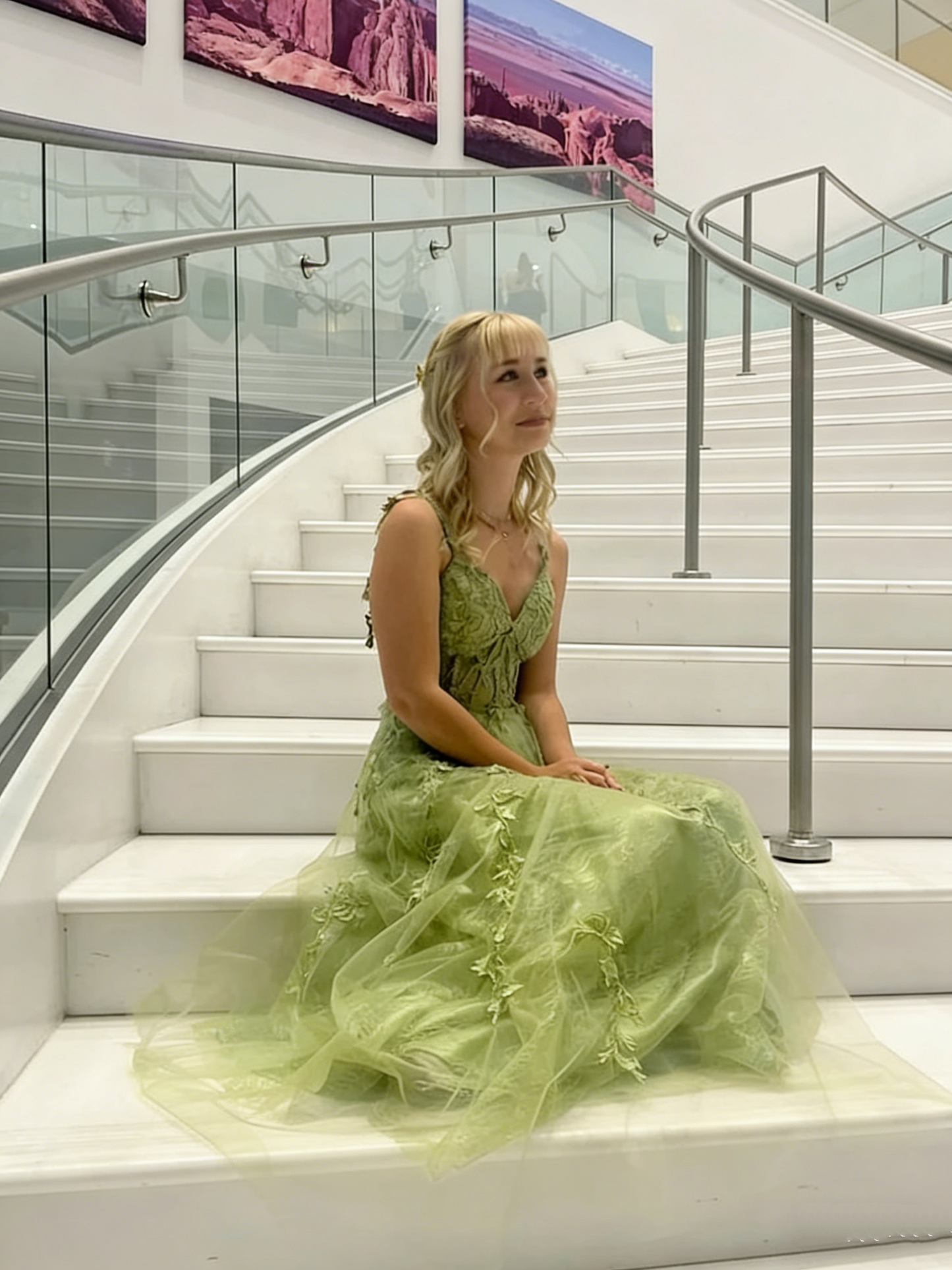 Classy Spaghetti Strap Green Tulle Appliques A Line Long Evening Dress Formal Birthday Evening Dress D1964