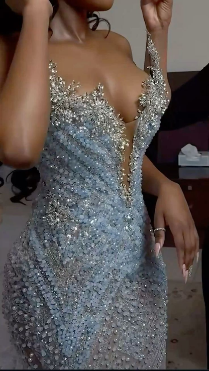 Gorgeous Light Blue Sequin Beaded Mermaid Long Prom Dress Evening Dress D5408