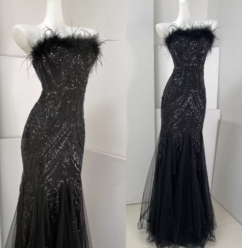Classy Feathers Strapless White Tulle Sequin Mermaid Long Evening Dress Prom Dresses D2398