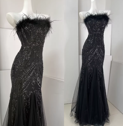 Classy Feathers Strapless White Tulle Sequin Mermaid Long Evening Dress Prom Dresses D2398