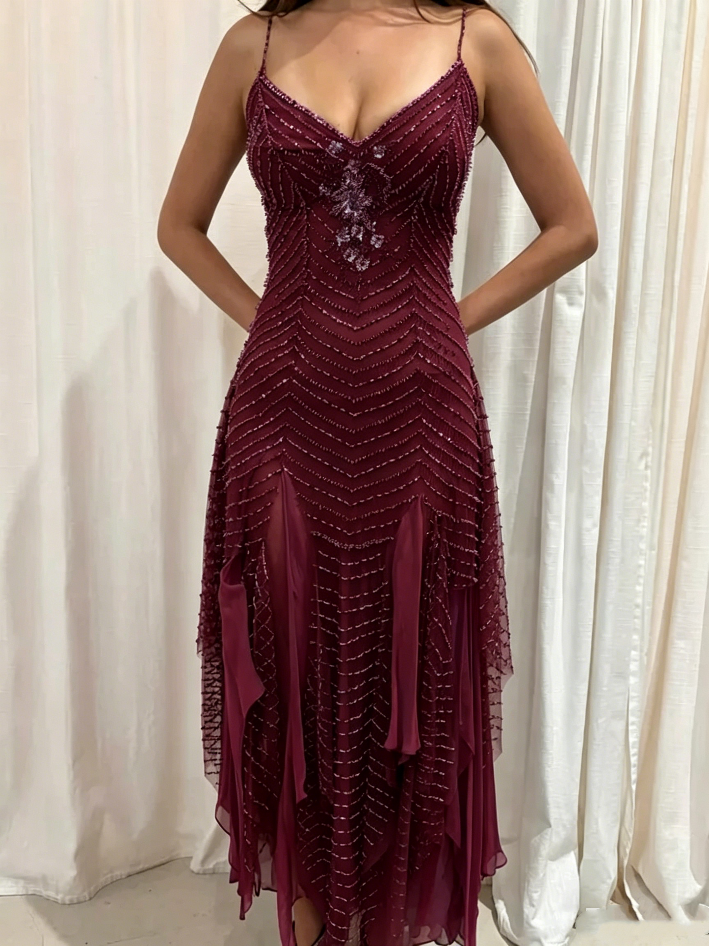 Gorgeous Spaghetti Straps V Neck Purple Chiffon Beaded Mermaid Long Party Dress Birthday Prom Gown D2872