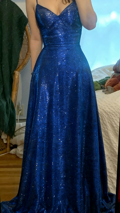 Sparkly Spaghetti Straps Green V NecK Sequin Evening Dress Long Wedding Guest Dress D1527