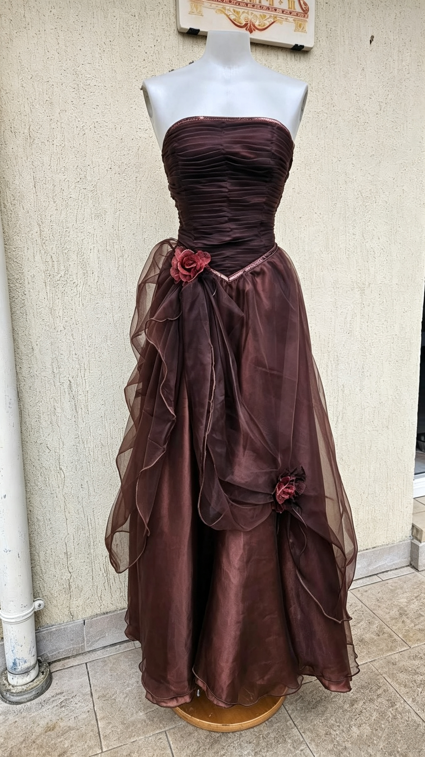 Vintage Burgundy Tulle Floral Long Party Dress Strapless Long Wedding Guest Dress D4317