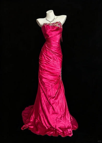 Elegant Rose Red Strapless Satin Beaded Mermaid Long Prom Dress Evening Dress D5225
