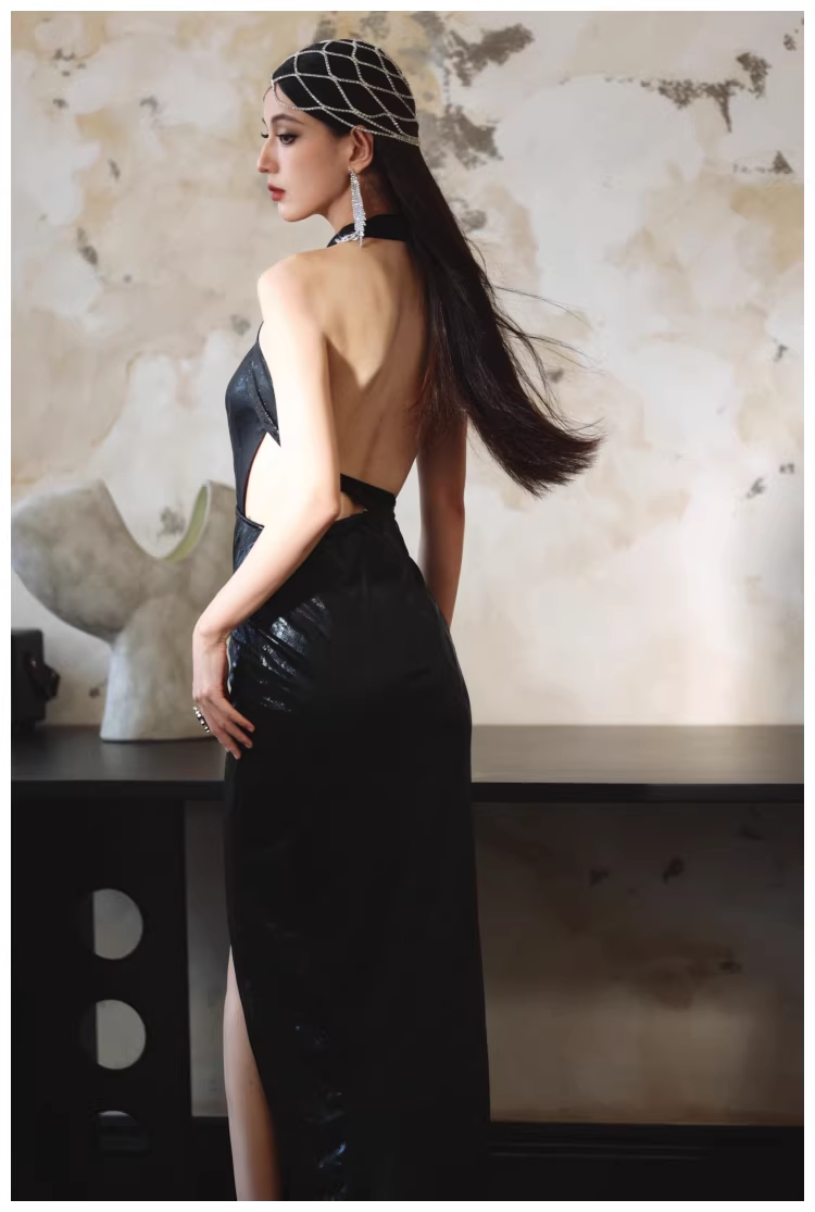 Sexy Black Halter High Slit Sheath Long Evening Dress Backless Prom Gowns D2412