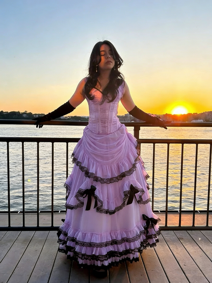 Vintage Pink Strapless Chiffon Pleated Layered Lace Ball Gown Formal Prom Dress With Gloves D1139