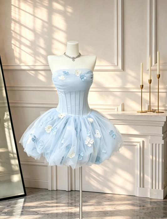 Fairy Strapless Tulle Appliques Mini 18th Birthday Outfits Blue Short 9th Graduation Homecoming Dress D2569
