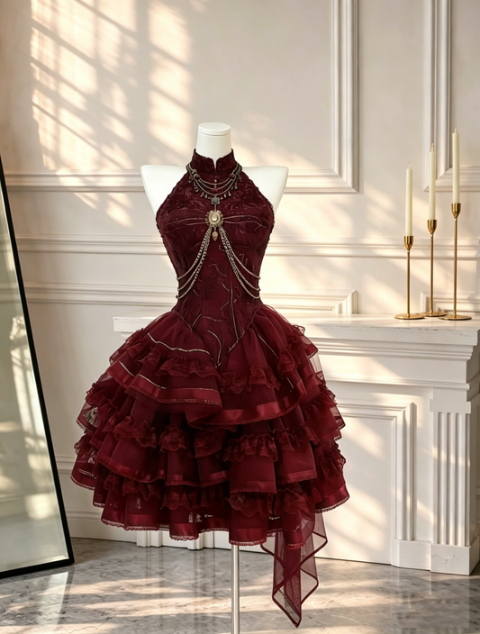 Sexy Halter Sleeveless Tulle Layered A Line Short Graduation Homecoming Dress Burgundy Cocktail Dress D2680