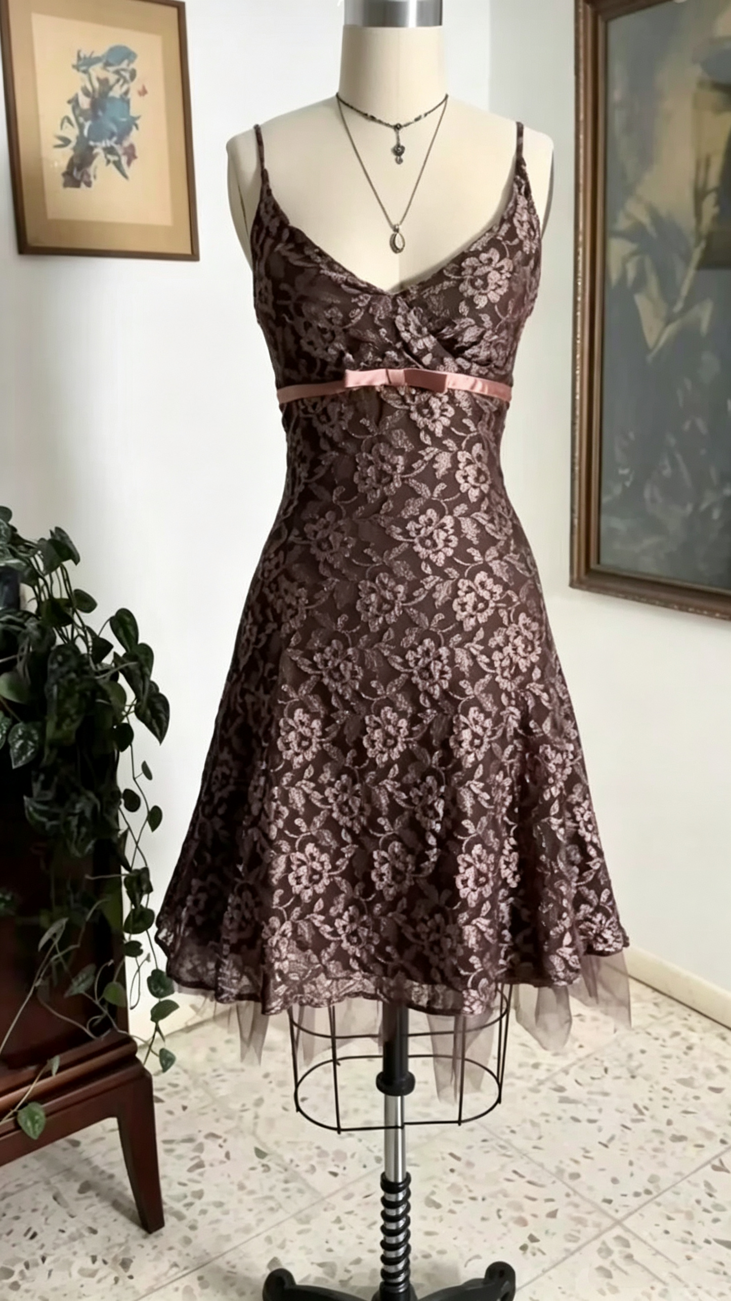 Retro Brown Lace Floral A Line Short Homecoming Dress,Spaghetti Straps Short Party Dress D4329
