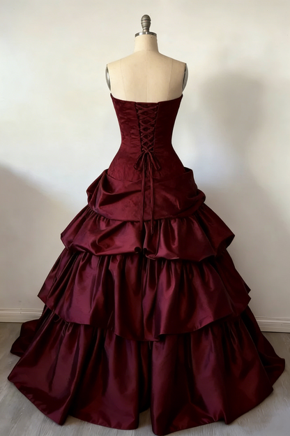 Fashion Strapless Ball Gown Burgundy Satin Layered Long Party Dress Evening Gown D1911