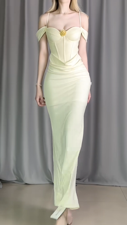 Sweet Yellow Off The Shoulder Satin Mermaid Long Evening Dress Birthday Dress D2488