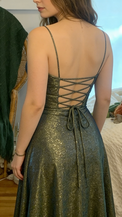 Sparkly Spaghetti Straps Green V NecK Sequin Evening Dress Long Wedding Guest Dress D1527