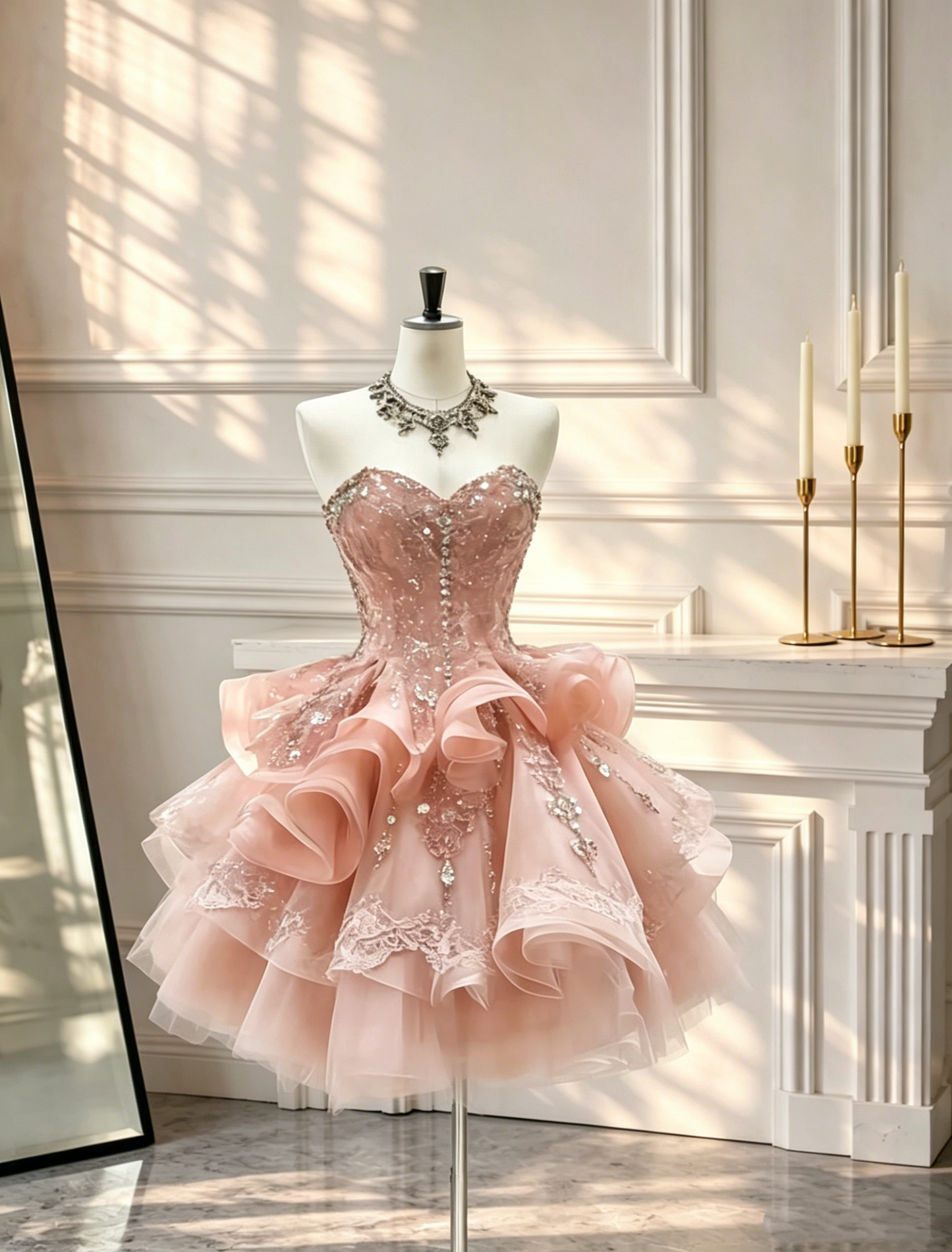 Beautiful Sweetheart Neck Birthday Outfits Pink Tulle Appliques Beaded A Line Short Homecoming Dress D2581
