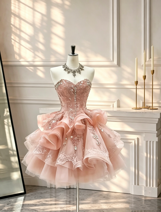 Beautiful Sweetheart Neck Birthday Outfits Pink Tulle Appliques Beaded A Line Short Homecoming Dress D2581