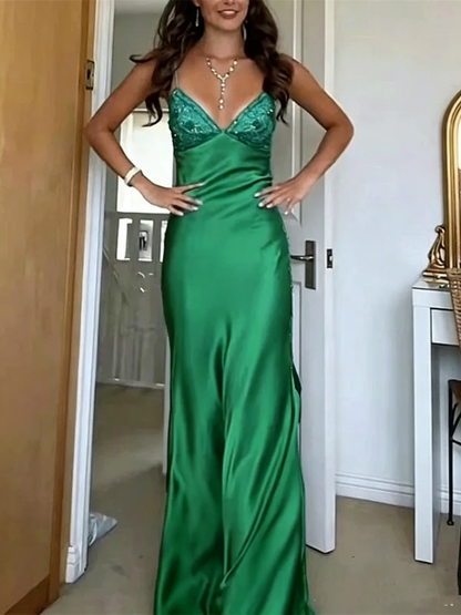 Classy Spaghetti Strap Blue Sleeveless Mermaid Satin Long Backless Prom Dresses SD2470