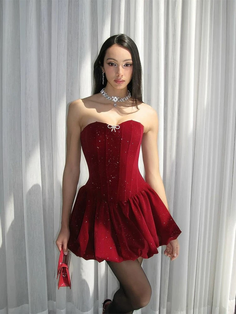 Sexy A Line Strapless Burgundy Velvet Ruffles Vacation Dresses Short Birthday Outfits SD336