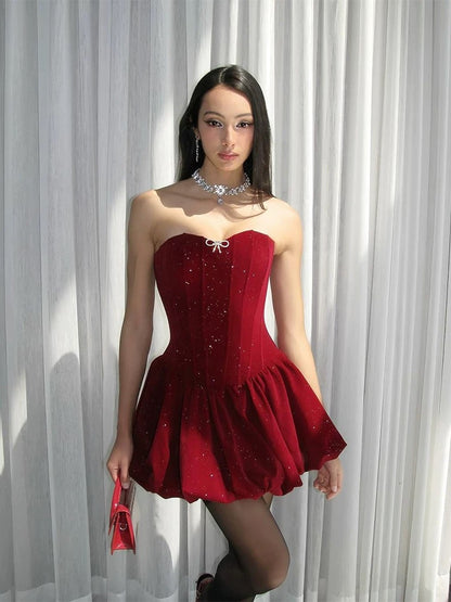 Sexy A Line Strapless Burgundy Velvet Ruffles Vacation Dresses Short Birthday Outfits SD336