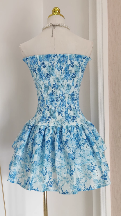 Cute A line Strapless Sleeveless Blue Floral Party Dress Short Birthday Outfits SD380