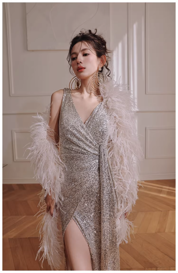 Glitter V Neck Silver Sequin Slit Mermaid Long Evening Dress Birthday Dress D2420