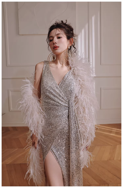 Glitter V Neck Silver Sequin Slit Mermaid Long Evening Dress Birthday Dress D2420