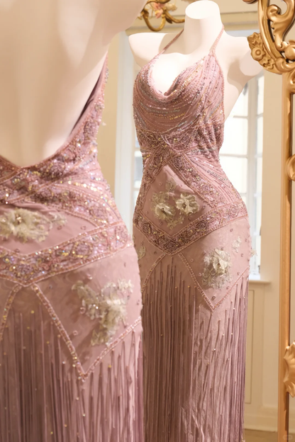 Elegant Halter Chiffon Sequin Beaded Mermaid Prom Dress Pink Backless Birthday Party Gown D2748