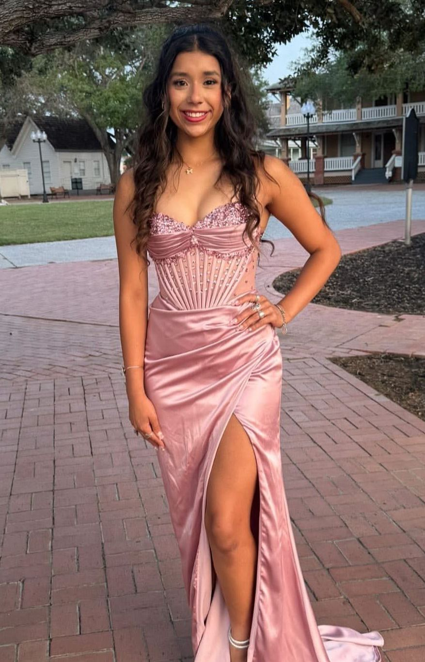 Pretty Pink Sweetheart Neck Satin Beaded Slit Mermaid Prom Dress Long Party Gown D2903