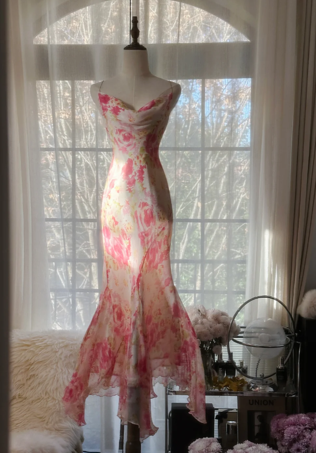 Glamorous Spaghetti Straps Chiffon Print Floral Mermaid Evening Dress Pink Long Party Dress D2102
