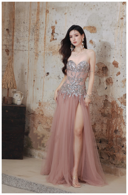 Pretty Pink Sweetheart Neck Tulle Sequin A Line Slit Long Evening Dress Party Gown D2408